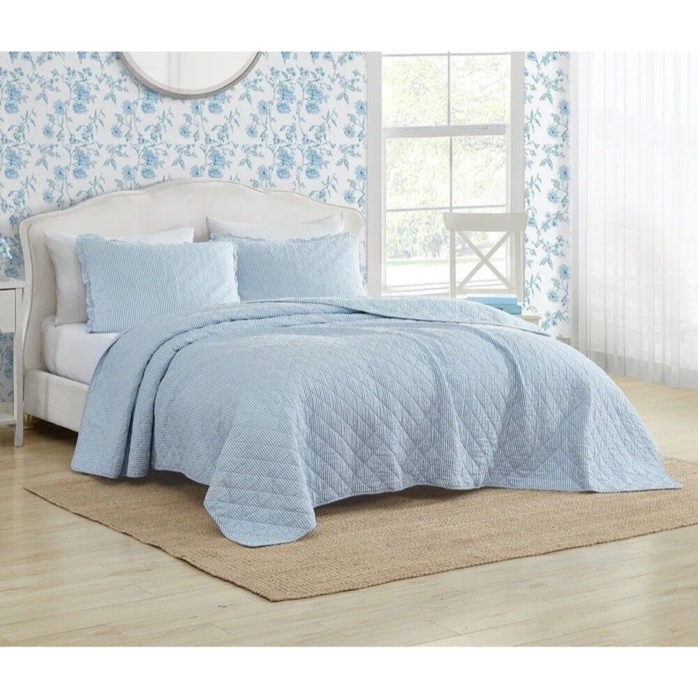 Laura Ashley 3PC King Oxford Stripe Cotton Reversible Blue Quilt Set
